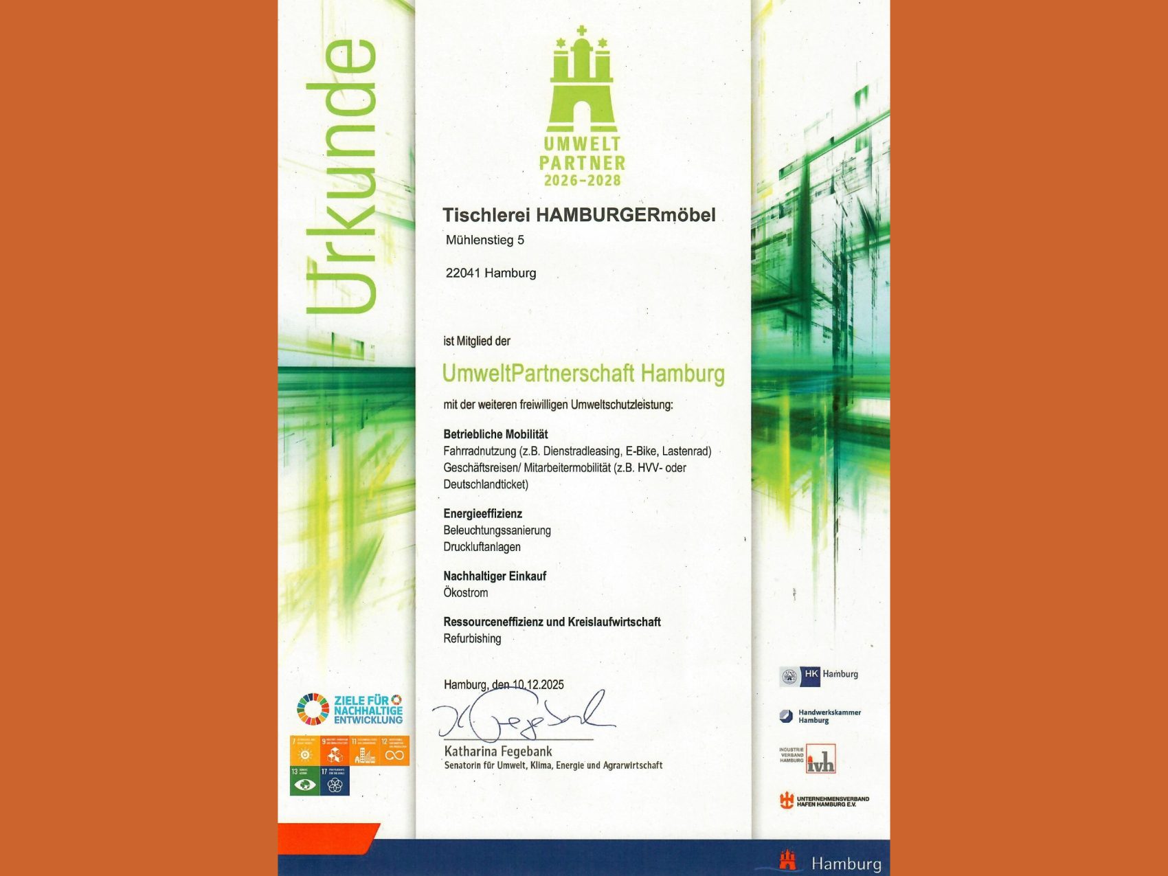 Hamburger UmweltPartnerschaft © Tischlerei Hamburger Möbel Tischlerei Hamburger Möbel Mitglied in der Hamburger Umweltpartnerschaft