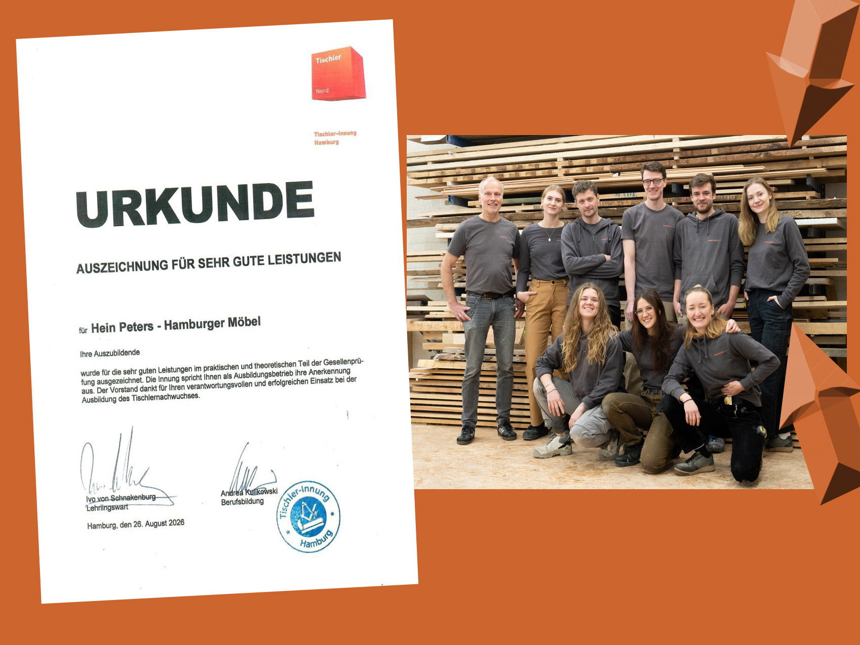 Anerkennung für die Ausbildungsarbeit bei HAMBURGERmöbel Auszubildende und Team von HAMBURGERmöbel mit der Urkunde der Tischler-Innung Hamburg